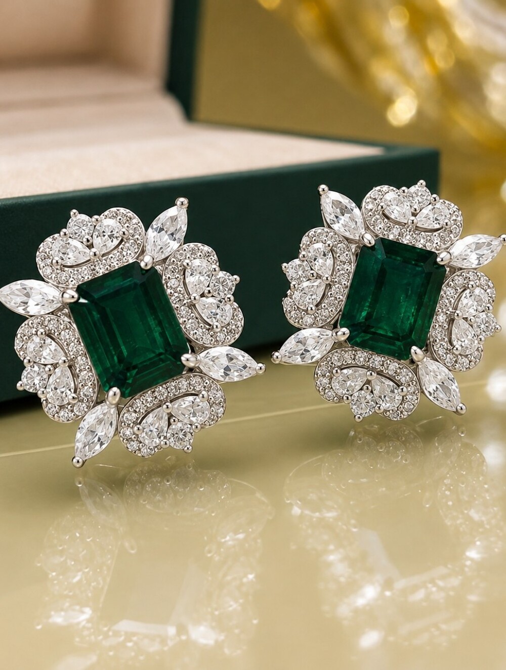 Emerald Halo Crystal Statement Earrings - Green - Picture 3 of 4